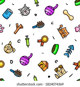 Seamless pattern Abstract Doodle Elements Hand Drawn Collection Pets Animal Sketch Vector Design Style Background Dog Cat Bone Food Training Caring Grooming  Illustration Icons