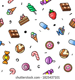 Seamless Pattern Abstract Doodle Elements Hand Drawn Collection Sweet Sketch Vector Design Style Background Candy Ice Cream Cakes Delicious Illustration Cartoon Icons