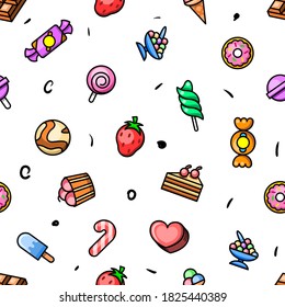 Seamless Pattern Abstract Doodle Elements Hand Drawn Collection Sweet Sketch Vector Design Style Background Candy Ice Cream Cakes Delicious Illustration Cartoon Icons