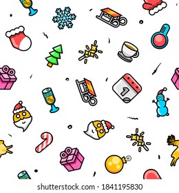 Seamless Pattern Abstract Doodle Elements Hand Drawn Collection Winter Sketch Vector Design Style Background Snowflake Snowman Santa Glove Christmas Toy Tree Illustration Cartoon Icons
