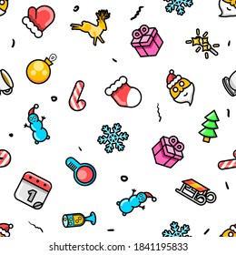 Seamless Pattern Abstract Doodle Elements Hand Drawn Collection Winter Sketch Vector Design Style Background Snowflake Snowman Santa Glove Christmas Toy Tree Illustration Cartoon Icons