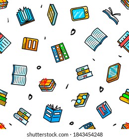 Seamless Pattern Abstract Doodle Elements Hand Drawn Collection Books Sketch Vector Design Style Background Reading Education Library E-Book Illustration Cartoon Icons