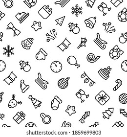 Seamless Pattern Abstract Doodle Elements Hand Drawn Collection Winter Sketch Vector Design Style Background Snowflake Snowman Santa Glove Christmas Toy Tree Illustration Cartoon Icons