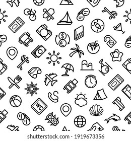 Seamless Pattern Abstract Doodle Elements Hand Drawn Collection Travel Tourism Sketch Vector Design Style Background Summer Sun Compass Camera Plane Glasses Ticket Illustration Icons