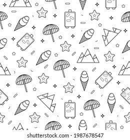 Seamless Pattern Abstract Doodle Elements Hand Drawn Collection Travel Tourism Sketch Vector Design Style Background Summer Ice Cream Suitcase Umbrella Mountains Illustration Icons