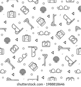 Seamless Pattern Abstract Doodle Elements Hand Drawn Collection Travel Tourism Sketch Vector Design Style Background Summer Suitcase Camera Bed Brassiere Illustration Icons