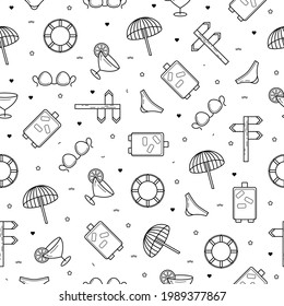 Seamless Pattern Abstract Doodle Elements Hand Drawn Collection Travel Tourism Sketch Vector Design Style Background Summer Backpack Umbrella Coctail Underpants Brassiere Lifebuoy Illustration Icons