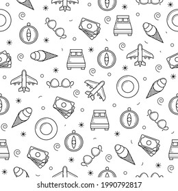 Seamless Pattern Abstract Doodle Elements Hand Drawn Collection Travel Tourism Sketch Vector Design Style Background Summer Cash Ice Cream Brassiere Airplane Bed Compass Illustration Icons