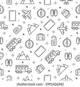 Seamless Pattern Abstract Doodle Elements Hand Drawn Collection Travel Tourism Sketch Vector Design Style Background Summer Bus Compass Airplane Mountains Smartphone Slippers Illustration Icons