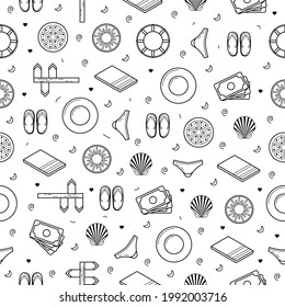 Seamless Pattern Abstract Doodle Elements Hand Drawn Collection Travel Tourism Sketch Vector Design Style Background Summer Fruit Underpants Slippers Cash Shell Lifebuoy Illustration Icons