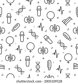 Seamless Pattern Abstract Doodle Elements Hand Drawn Collection Medicine Vector Kidneys Gender Symbol Thermometer Pipette DNA Bed Pulse DesIgn Illustration Cartoon Icons