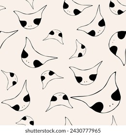 Seamless pattern abstract doodle faces of aliens. Black contoured cute ghosts isolated on light background. Simple monochrome vector illustration. Perfect for wallpaper or fabric.