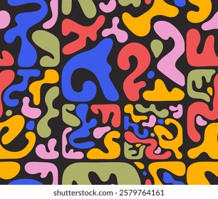 Seamless pattern abstract doodle shape. Colorful creative minimalist style art background, trendy design with basic shapes on black background. Vector modern color wallpaper print, template, backdrop.