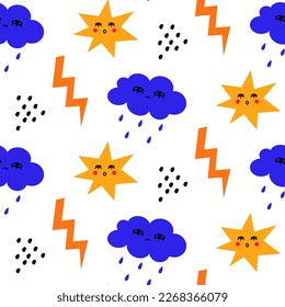 Seamless pattern with abstract doodle shapes. Childrens drawings of stars, clouds and lightning. Background, wallpaper, wrapping, textile template.