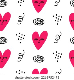 Seamless pattern with abstract doodle shapes. Childrens drawings of hearts. Background, wallpaper, wrapping, textile template.