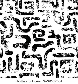 Seamless pattern, abstract doodles, curls, maze, grunge texture, vector background
