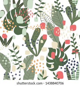 Seamless pattern with abstract dots and leaves ornament