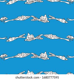 Seamless pattern of abstract drawn fishes in the sea