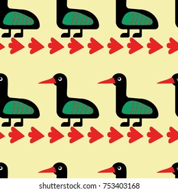 Seamless pattern with abstract ducks on green background, textile, food