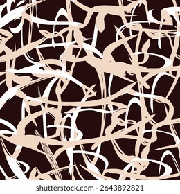 Seamless pattern with abstract, dynamic brush strokes in beige and white on a dark brown background. Modern, stylized camouflage or animal print design for bold fashion and textiles