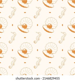 Seamless Pattern Abstract Elements Animal Shell With Pearl Ocean Sea Wildlife Vector Design Style Background Illustration Texture For Prints Textiles, Clothing, Gift Wrap, Wallpaper, Pastel