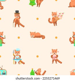 Seamless Pattern Abstract Elements Animal Red Panda Wildlife Vector Design Style Background Illustration Texture For Prints Textiles, Clothing, Gift Wrap, Wallpaper, Pastel
