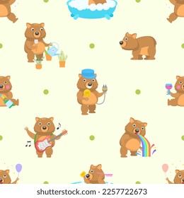 Seamless Pattern Abstract Elements Animal Wombats Wildlife Vector Design Style Background Illustration Texture For Prints Textiles, Clothing, Gift Wrap, Wallpaper, Pastel