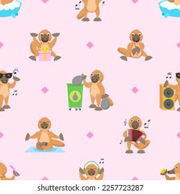 Seamless Pattern Abstract Elements Animal Platypus Duckbill Wildlife Vector Design Style Background Illustration Texture For Prints Textiles, Clothing, Gift Wrap, Wallpaper, Pastel