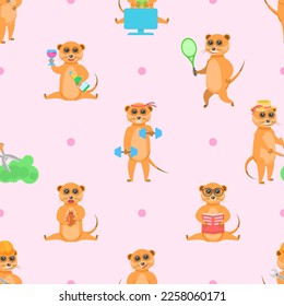 Seamless Pattern Abstract Elements Animal Meerkats Wildlife Vector Design Style Background Illustration Texture For Prints Textiles, Clothing, Gift Wrap, Wallpaper, Pastel