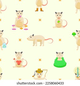 Seamless Pattern Abstract Elements Animal Opossum Wildlife Vector Design Style Background Illustration Texture For Prints Textiles, Clothing, Gift Wrap, Wallpaper, Pastel