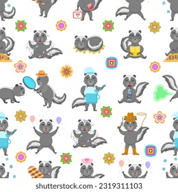 Seamless Pattern Abstract Elements Animal Skunk Wildlife Vector Design Style Background Illustration Texture For Prints Textiles, Clothing, Gift Wrap, Wallpaper, Pastel