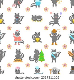 Seamless Pattern Abstract Elements Animal Skunk Wildlife Vector Design Style Background Illustration Texture For Prints Textiles, Clothing, Gift Wrap, Wallpaper, Pastel