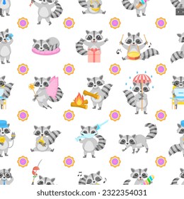 Seamless Pattern Abstract Elements Animal Raccoon Wildlife Vector Design Style Background Illustration Texture For Prints Textiles, Clothing, Gift Wrap, Wallpaper, Pastel