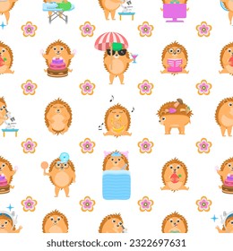 Seamless Pattern Abstract Elements Animal Hedgehogs Wildlife Vector Design Style Background Illustration Texture For Prints Textiles, Clothing, Gift Wrap, Wallpaper, Pastel