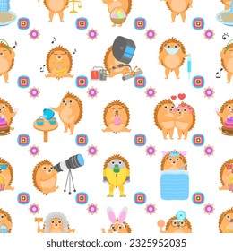 Seamless Pattern Abstract Elements Animal Hedgehogs Wildlife Vector Design Style Background Illustration Texture For Prints Textiles, Clothing, Gift Wrap, Wallpaper, Pastel