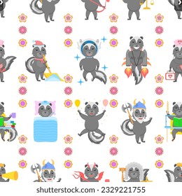 Seamless Pattern Abstract Elements Animal Skunk Wildlife Vector Design Style Background Illustration Texture For Prints Textiles, Clothing, Gift Wrap, Wallpaper, Pastel