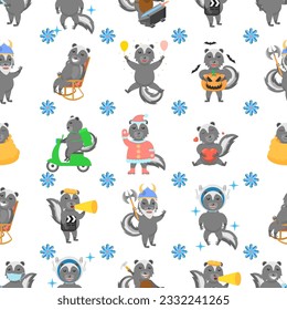 Seamless Pattern Abstract Elements Animal Skunk Wildlife Vector Design Style Background Illustration Texture For Prints Textiles, Clothing, Gift Wrap, Wallpaper, Pastel