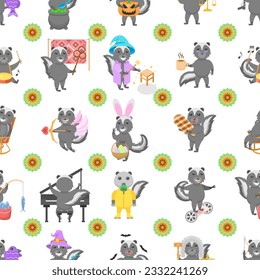 Seamless Pattern Abstract Elements Animal Skunk Wildlife Vector Design Style Background Illustration Texture For Prints Textiles, Clothing, Gift Wrap, Wallpaper, Pastel