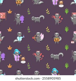 Seamless Pattern Abstract Elements Animal Skunk Wildlife Vector Design Style Background Illustration Texture For Prints Textiles, Clothing, Gift Wrap, Wallpaper, Pastel