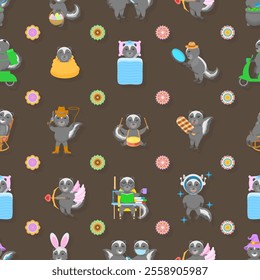 Seamless Pattern Abstract Elements Animal Skunk Wildlife Vector Design Style Background Illustration Texture For Prints Textiles, Clothing, Gift Wrap, Wallpaper, Pastel