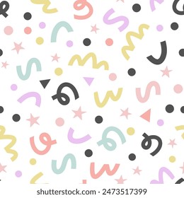 Seamless pattern with abstract elements, birthday party celebration, fun colorful abstract repeating background print, confetti