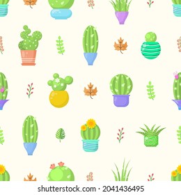 Seamless Pattern Abstract Elements Different Cactus Plant Botanic Vector Design Style Background Illustration Texture For Prints Textiles, Clothing, Gift Wrap, Wallpaper, Pastel