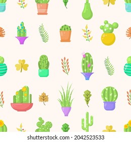 Seamless Pattern Abstract Elements Different Cactus Plant Botanic Vector Design Style Background Illustration Texture For Prints Textiles, Clothing, Gift Wrap, Wallpaper, Pastel