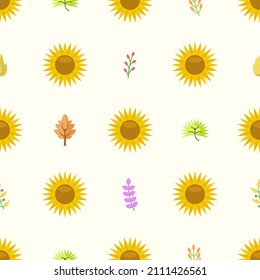 Seamless Pattern Abstract Elements Different Sunflower Plant Botanic Vector Design Style Background Illustration Texture For Prints Textiles, Clothing, Gift Wrap, Wallpaper, Pastel