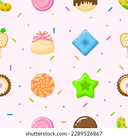 Seamless Pattern Abstract Elements Different Sweets Food Lollipops Candy Vector Design Style Background Illustration Texture For Prints Textiles, Clothing, Gift Wrap, Wallpaper, Pastel