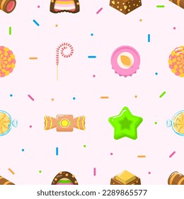 Seamless Pattern Abstract Elements Different Sweets Food Lollipops Candy Vector Design Style Background Illustration Texture For Prints Textiles, Clothing, Gift Wrap, Wallpaper, Pastel