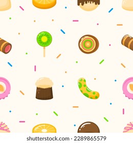 Seamless Pattern Abstract Elements Different Sweets Food Lollipops Candy Vector Design Style Background Illustration Texture For Prints Textiles, Clothing, Gift Wrap, Wallpaper, Pastel