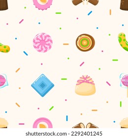 Seamless Pattern Abstract Elements Different Sweets Food Lollipops Candy Vector Design Style Background Illustration Texture For Prints Textiles, Clothing, Gift Wrap, Wallpaper, Pastel