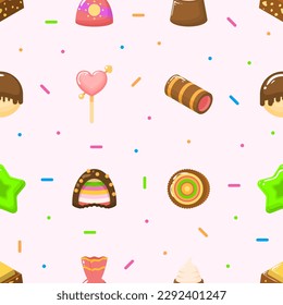 Seamless Pattern Abstract Elements Different Sweets Food Lollipops Candy Vector Design Style Background Illustration Texture For Prints Textiles, Clothing, Gift Wrap, Wallpaper, Pastel