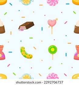 Seamless Pattern Abstract Elements Different Sweets Food Lollipops Candy Vector Design Style Background Illustration Texture For Prints Textiles, Clothing, Gift Wrap, Wallpaper, Pastel